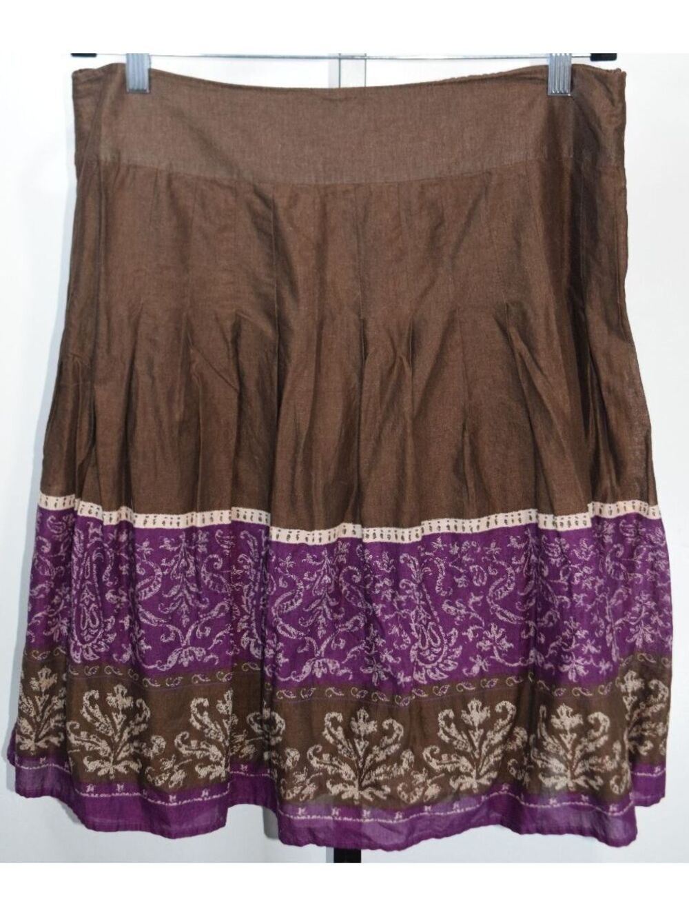 Apostrophe Brown Paisley Border Print Pleated A Line Skirt Size 16 Cotton Midi